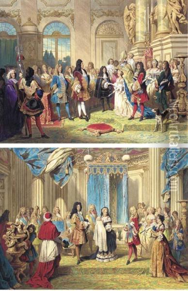 The Marriage Of The Duc De Bourgogne To Marie-adelaide Of Savoy On7 December 1697, In The Presence Of King Louis Xiv; And Thepresentation Of The Newborn Louis, Duc De Bourgogne, To Hisgrandfather King Louis Xiv Oil Painting - Franz Napoleon Heigel