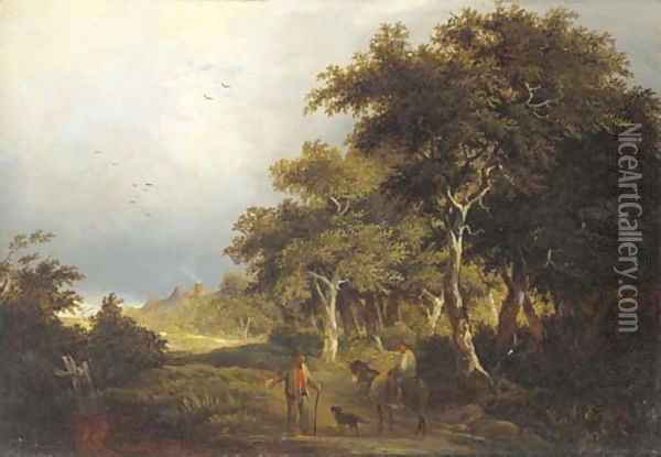Figures on a path in a wooded landscape Oil Painting - Edward Charles Williams