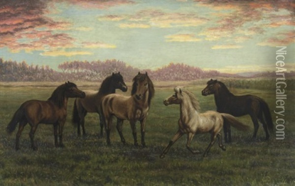 Horses In Pasture Oil Painting - Julius Holm