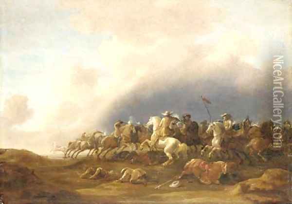 A cavalry skirmish Oil Painting - Jan Van Den Stoffe