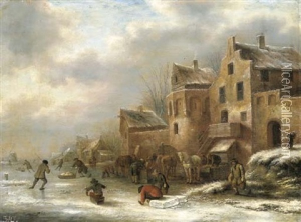 A Winter Landscape With Skaters By A Village Oil Painting - Nicolaes Molenaer