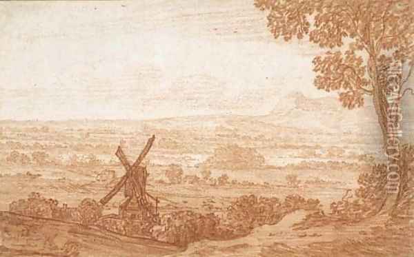 An extensive panoramic landscape with a windmill Oil Painting - Jan Baptist Weenix