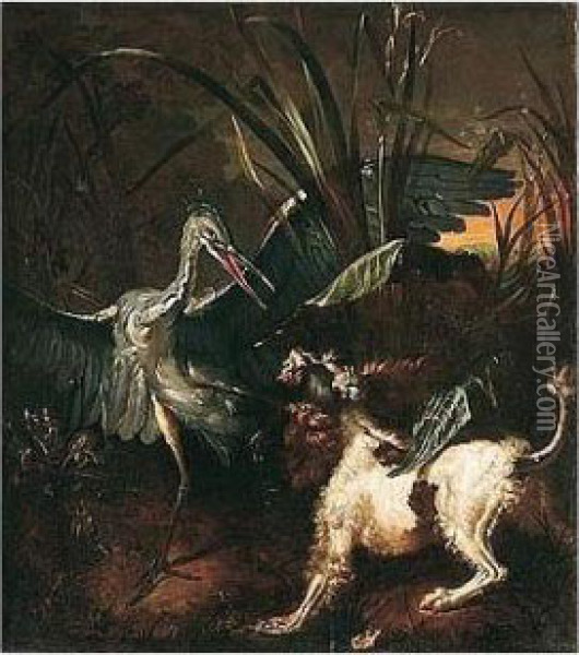 A Spaniel Attacking A Heron Oil Painting - Jean-Baptiste Oudry