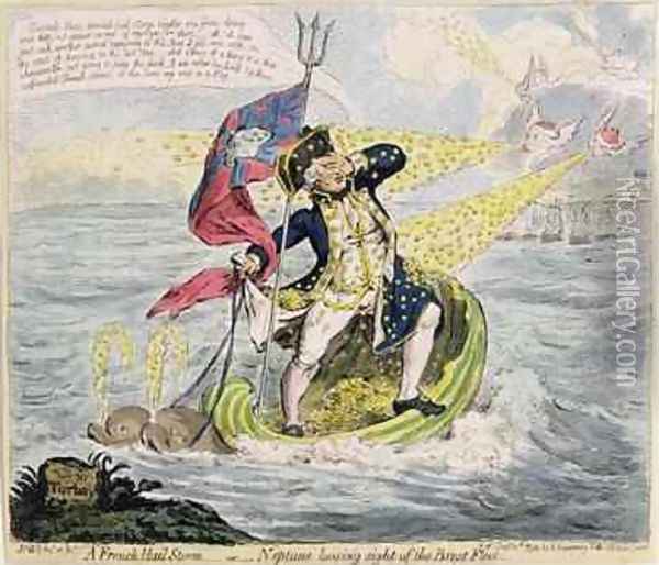 A French Hail Storm or Neptune losing sight of the Brest Fleet Oil Painting - James Gillray