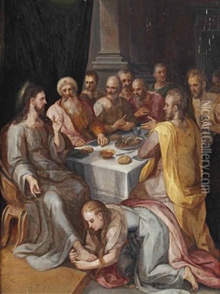 Mary Magdalen Washing Christ's Feet In The House Of Simon The Pharisee (luke 7:36-50) Oil Painting - Crispin Van Den Broeck
