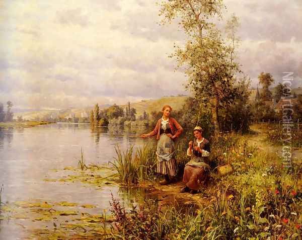 Country Women Fishing On A Summer Afternoon Oil Painting - Daniel Ridgway Knight
