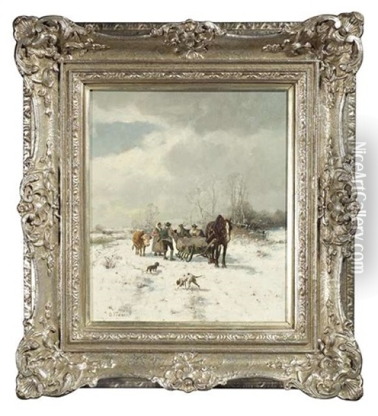 Winterliche Landschaft Mit Einem Pferdeschlitten Und Jagern Im Gesprach Oil Painting - Otto Fedder