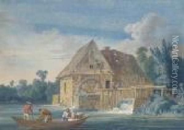 The Water Mill At Ivry With Fishermen On A Boat In Theforeground Oil Painting - Jacob Philipp Hackert
