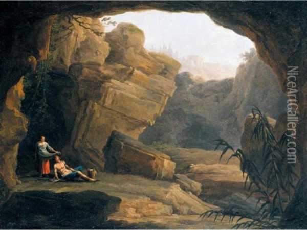 Figures Resting By The Mouth Of A Cave, A Capriccio View Of Tivoli Beyond Oil Painting - Claude-joseph Vernet