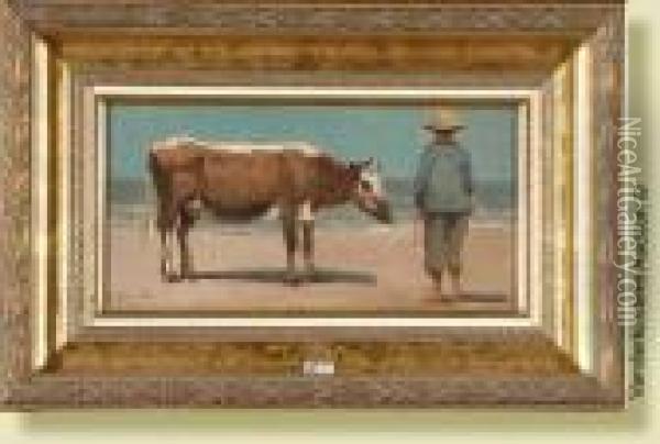 Fermier Et Sa Vache Sur Laplage Oil Painting - Auguste Henri Musin