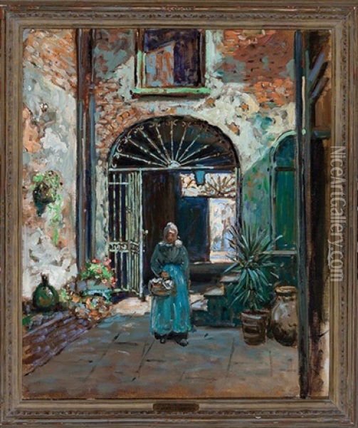 Courtyard At 726 St. Peter St., New Orleans Oil Painting - Abbott Fuller Graves