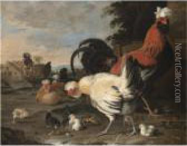 A Farmyard Still Life With Poultry, Hens, Chickens, And A Cockerel In A Farmyard Oil Painting - Melchior de Hondecoeter