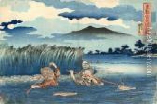 La Riviere Miyato Dans Le Capital De L'est, La Peche A L'anguille. Oil Painting - Utagawa Kuniyoshi