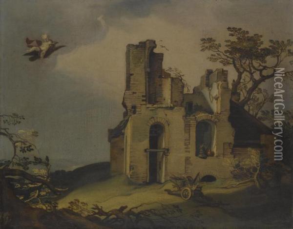 A Landscape With Ruins, With The Rape Of Ganymede Oil Painting - Abraham Bloemaert