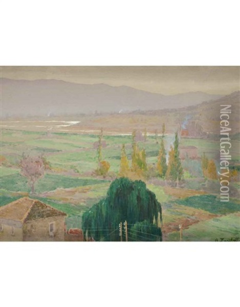 Paesaggio Di Campagna (pair) Oil Painting - Attilio Zanchelli