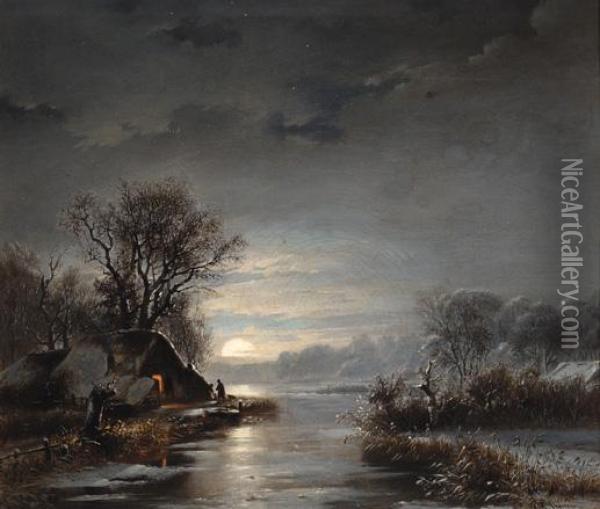 Winter Landscape By Evening Oil Painting - George Harvey