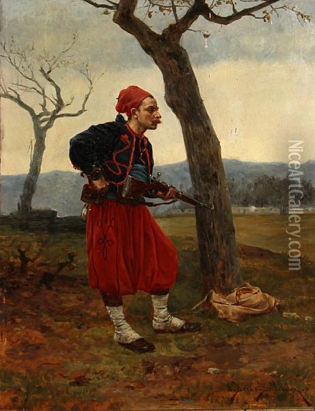 A French Zouave Holding His Rifle Oil Painting - Etienne Prosper Berne-Bellecour