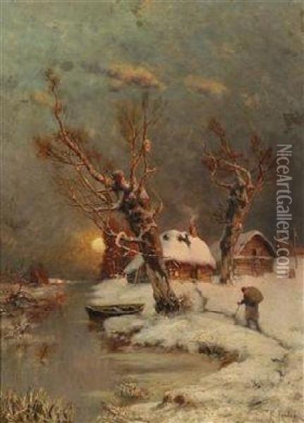 Romantic Winter Landscape Oil Painting - Iulii Iul'evich (Julius) Klever