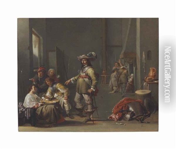 A Guardroom Interior With Soldiers And Peasants Smoking, Drinking And Playing Cards Oil Painting - Jacob Duck