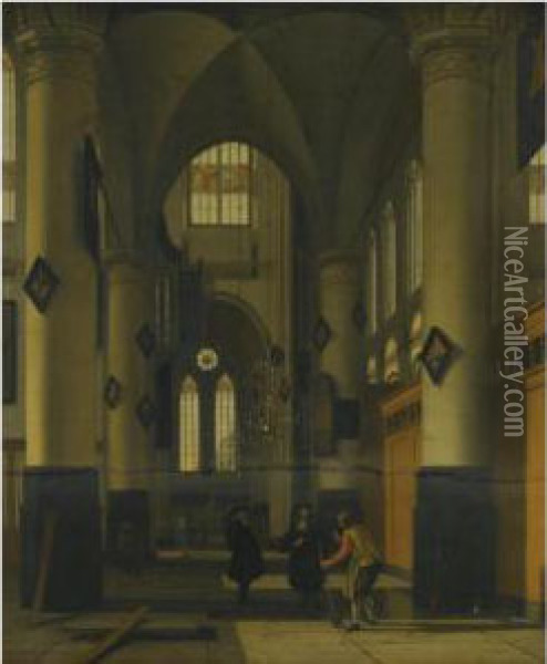 The Interior Of A Protestant 
Gothic Church, With Elements Of Boththe Oude Kerk And Nieuwe Kerk, 
Amsterdam Oil Painting - Hendrick Van Vliet