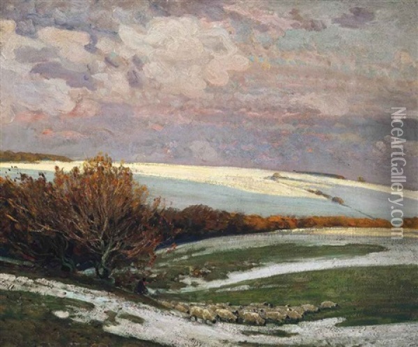 Sheep In A Landscape, Winter Oil Painting - Sir Alfred East