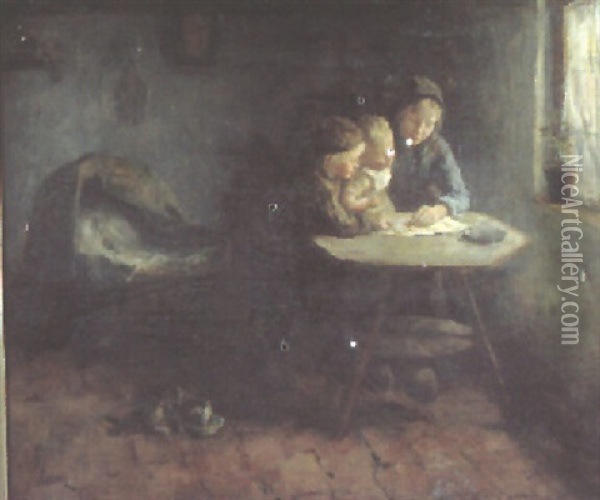 Dutch Interior, Depicting Children Reading At A Table Oil Painting - Jacob Simon Hendrik Kever