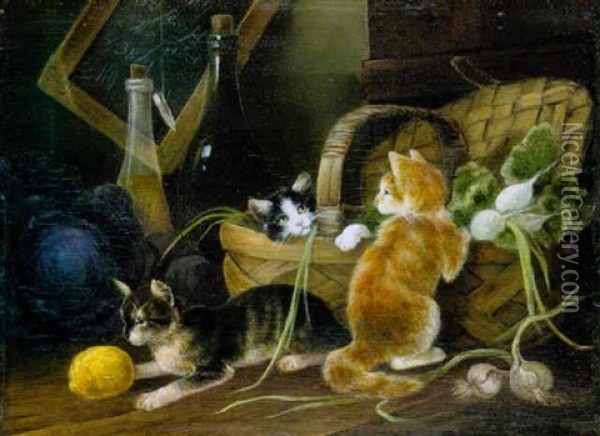 Neugierige Katzchen Am Gemusekorb Oil Painting - Otto Scheuerer