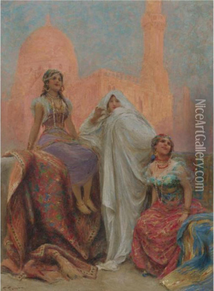 The Three Beauties Standing Before Al Rifa'i Mosque In Cairo Oil Painting - Fabbio Fabbi