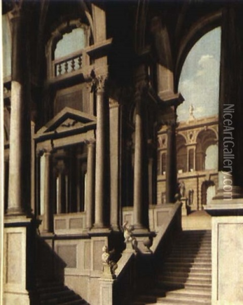 Caprice Architectural A L'escalier Monumental Oil Painting - Jean Nicolas Servandoni