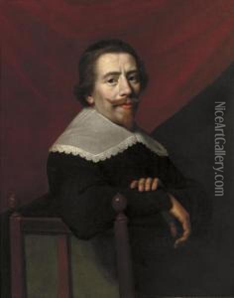 Self-portrait, Half-length, Seated In A Black Coat And Lace Collar, A Red Curtain Beyond Oil Painting - Jacob Van Hasselt