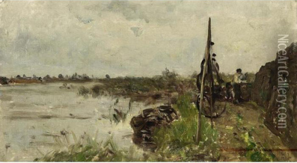 A Fisherman In A Polder Landscape Oil Painting - Paul Joseph Constantine Gabriel