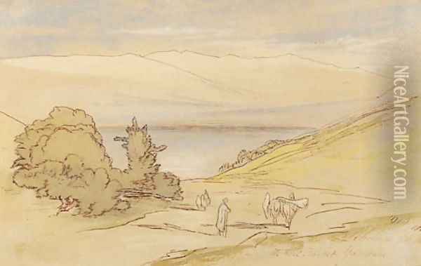 View of Lebanon, with a muleteer in the foreground and an extensive lake view beyond Oil Painting - Edward Lear