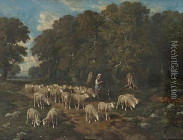 A Shepherdess With Her Flock 4 Oil Painting - Charles Emile Jacque