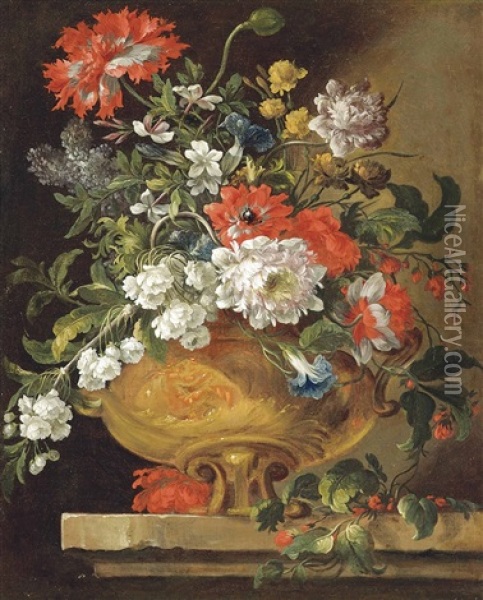 Tulips, Daffodils, Peonies, Lilies, Chrysanthemums And Other Flowers In A Sculpted Urn On A Stone Ledge Oil Painting - Pieter Casteels the Younger