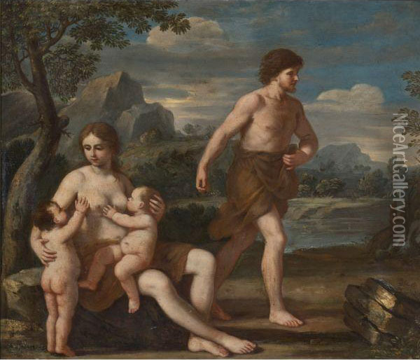 Adam And Eve With Cain And Abel Oil Painting - Giacinto Gimignani