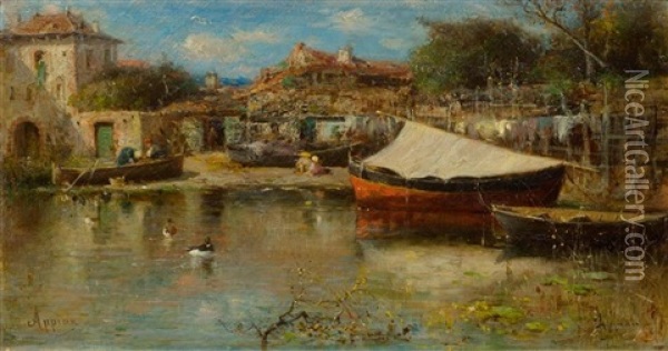 Village On A River Oil Painting - Adolphe Appian