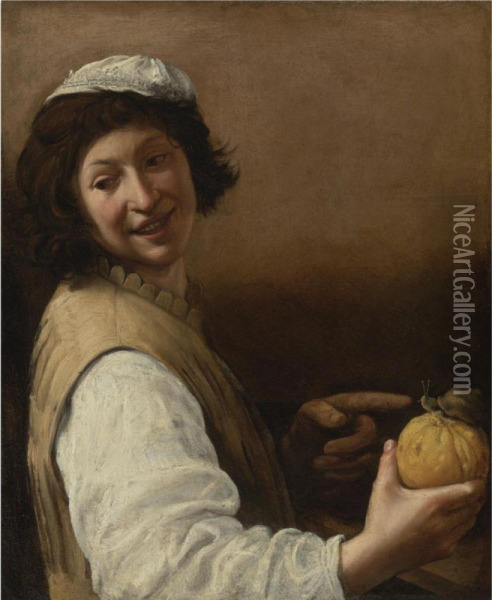 Laughing Young Man With A Melon And Snail Oil Painting - Pietro Paolo Bonzi