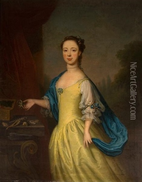Portrait Of A Girl In A Yellow Dress And Blue Shawl Oil Painting - Thomas Bardwell