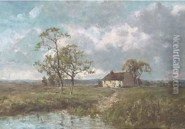 A cottage by a pond on the edge of the moors Oil Painting - Jose Weiss