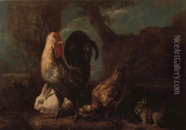 Hahn, Henne Und Zwei Kaninchen In Einer Parklandschaft Oil Painting - David de Coninck