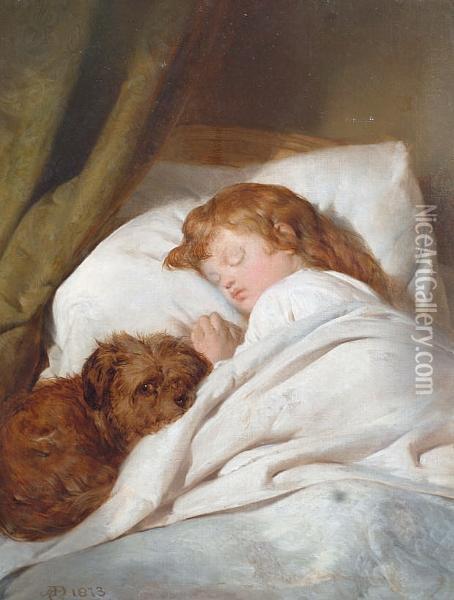 Child Asleep With Terrier Dog Oil Painting - Alexander Davis Cooper