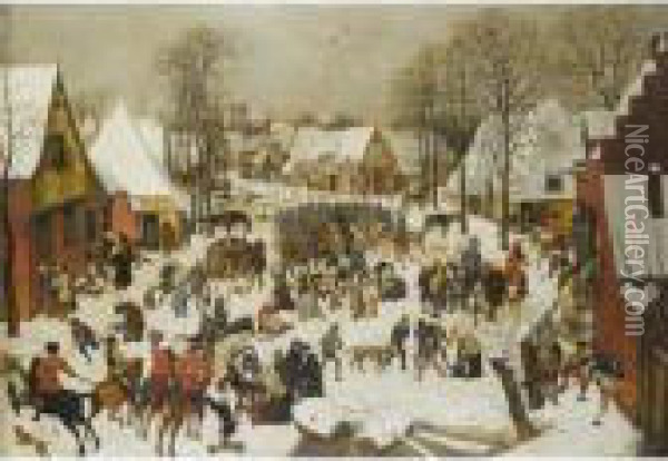A Winter Landscape With The Massacre Of The Innocents Oil Painting - Pieter The Younger Brueghel