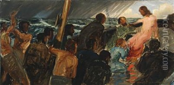 Jesus Calms The Storm Oil Painting - Harald Slott-Moller