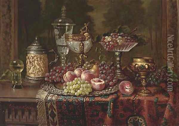 A salver of fruit and various vessels on a draped table Oil Painting - Ernst Czernotzky