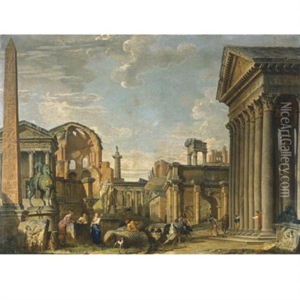 An Architectural Capriccio Of Roman Ruins And The Statue Of Marcus Aurelius On Horseback With A Soldier Returning, Other Soldiers And Figures Nearby Oil Painting - Giovanni Paolo Panini