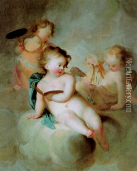 Musizierende Und Malende Putten In Den Wolken, Allegorie Der Musik Und Malerei Oil Painting - Johann Heinrich Keller