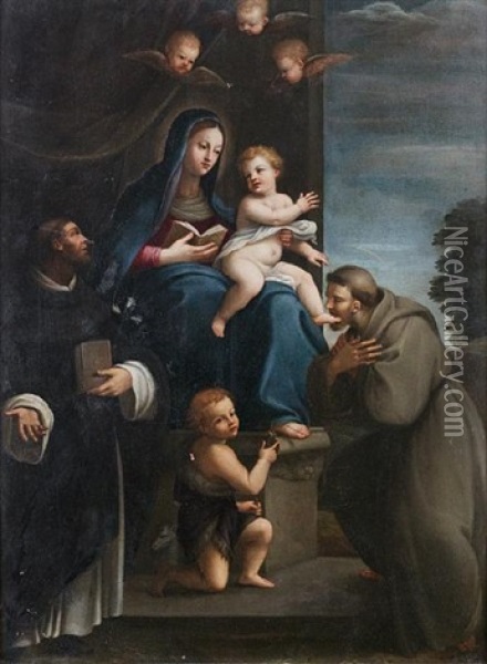 The Madonna And Child With The Infant Saint John The Baptist And Saints Dominic And Francis Oil Painting - Niccolo Berrettoni