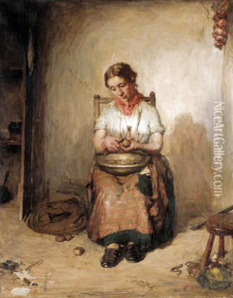 Woman Peeling Potatoes Oil Painting - Alexander Hohenlohe Burr