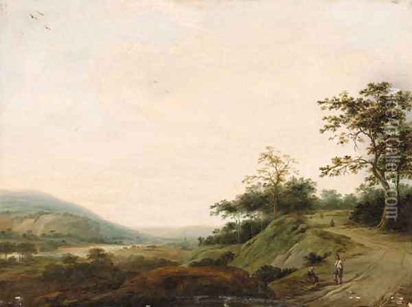 An extensive Landscape with Woodcutters in the foreground Oil Painting - Dutch School
