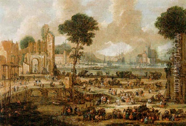 An Extensive Harbour Scene With Figures Gathering On The Shore Oil Painting - Pieter Casteels the Younger